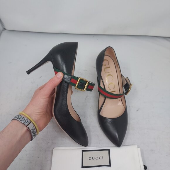 Gucci Black Leather Sylvie Mary Jane Web Pump - Picture 1 of 12